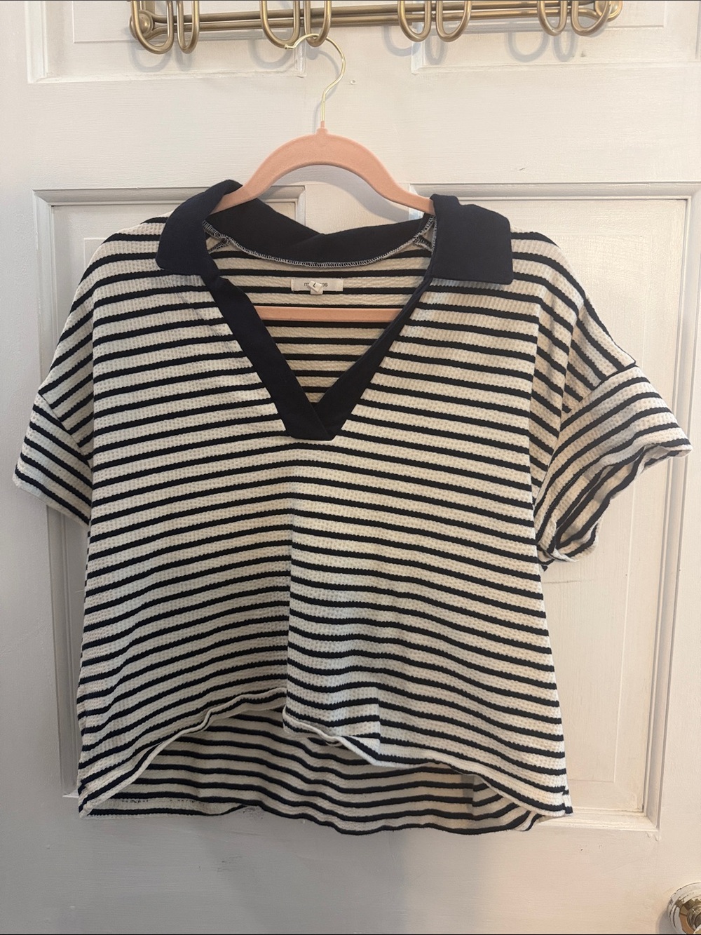 Maurices Black and Cream Striped Polo V-Neck Top